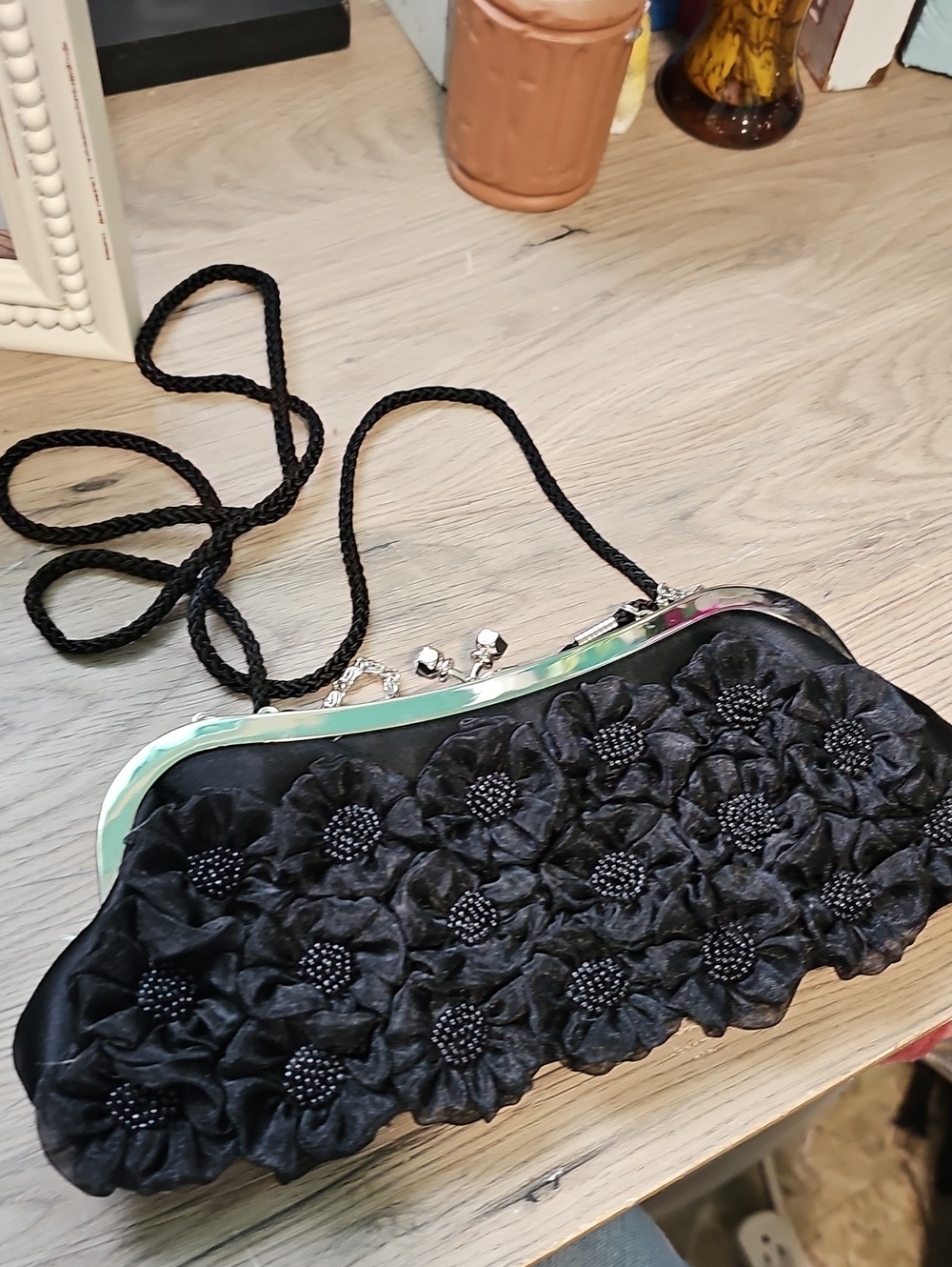 Kate Landry Black Floral Beaded Evening Clutch Shoulder Bag